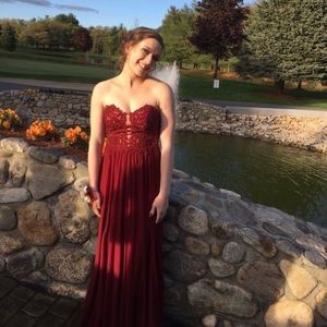 Burgundy strapless prom dress